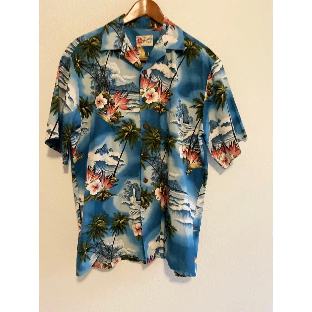 Hilo Hattie Hawaiian Shirt Blue Aloha Tropical‎ Surf All Over Print Men's M USA